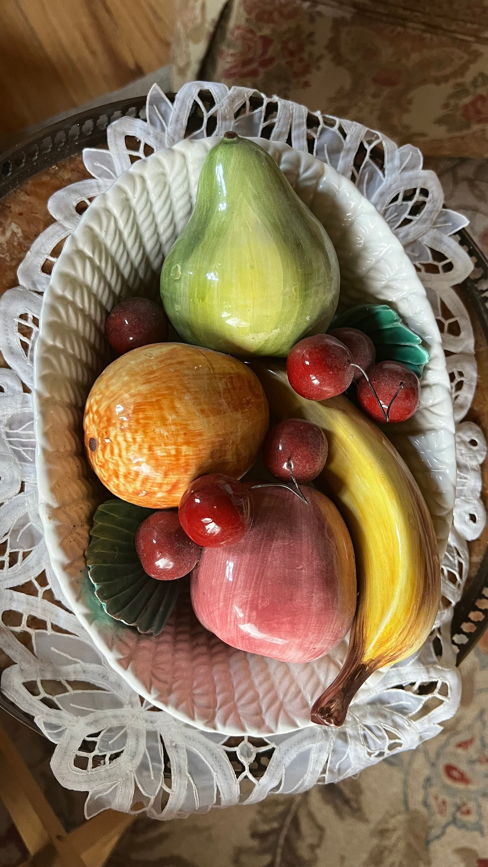 European Italian Capodimonte Oval Basket Weave Ceramic Faux Fruit