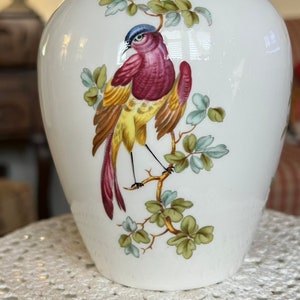 Puede incluir: Jarrón de cerámica blanca con un diseño de pájaro. El pájaro es amarillo, rojo y azul con alas marrones y una cola larga. El jarrón tiene un diseño floral con hojas verdes.