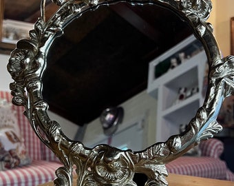 French Country Ornate Roses Round Gold Vanity Stand Mirror