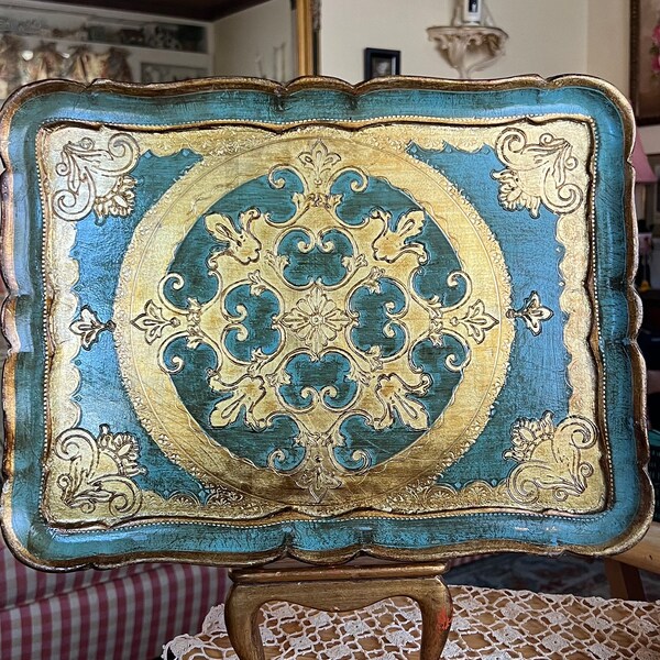 Italian Florentine Gilted Gold and Green Scallop Large Tray