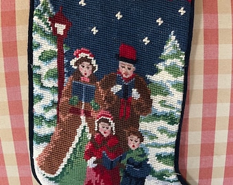 Country Christmas Town Carolers Petit Point Needlepoint Stocking