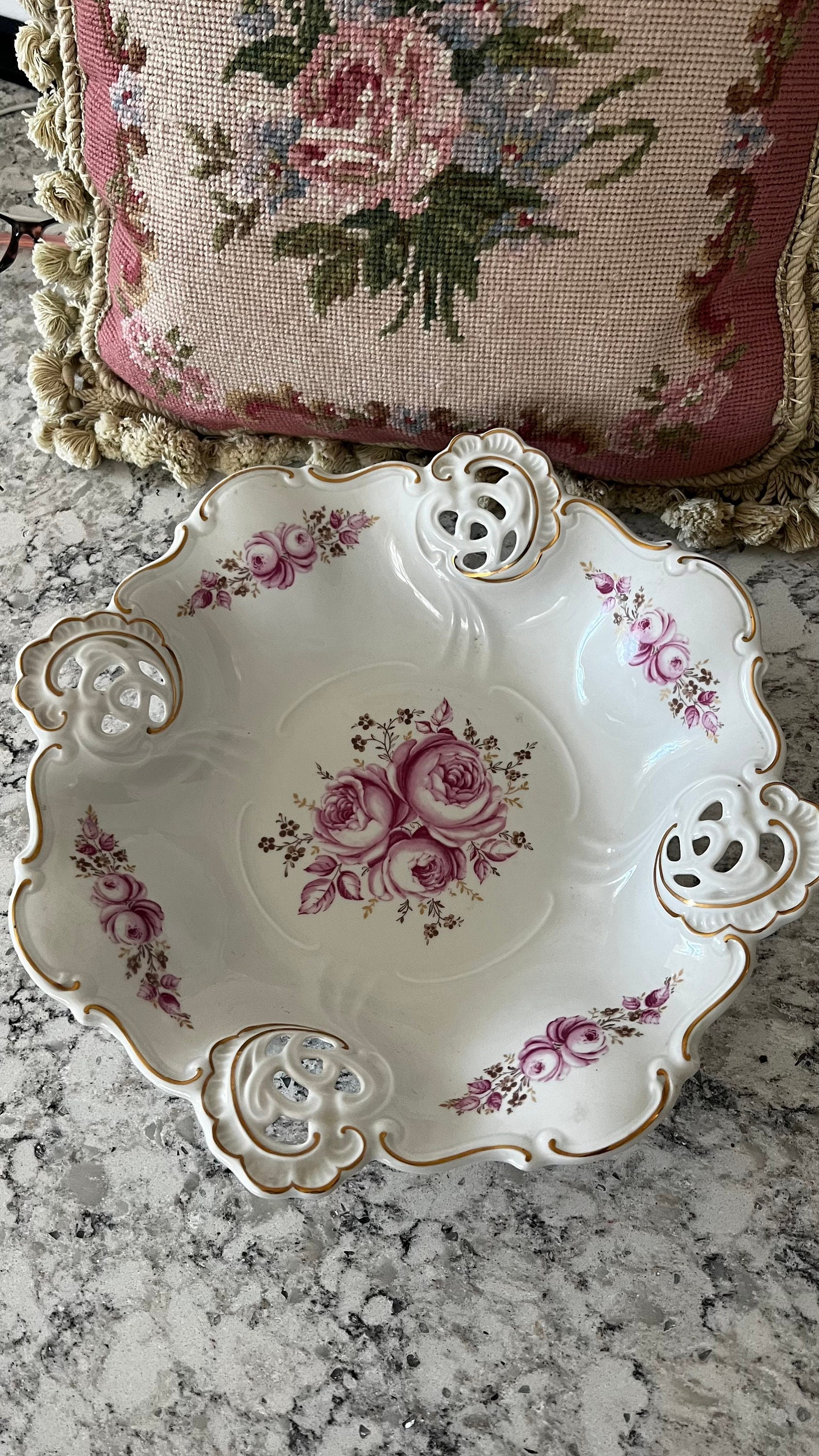 Weimar Barbarina Pink Rose Reticulated Porcelain Footed European