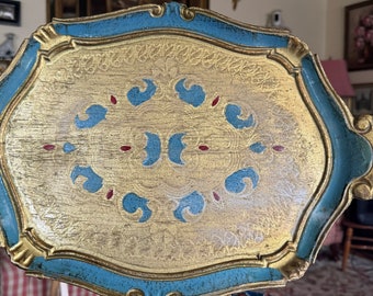 Vintage Florentine Style Gilt Wood Tray Blue Gold Italian Toleware Look ...