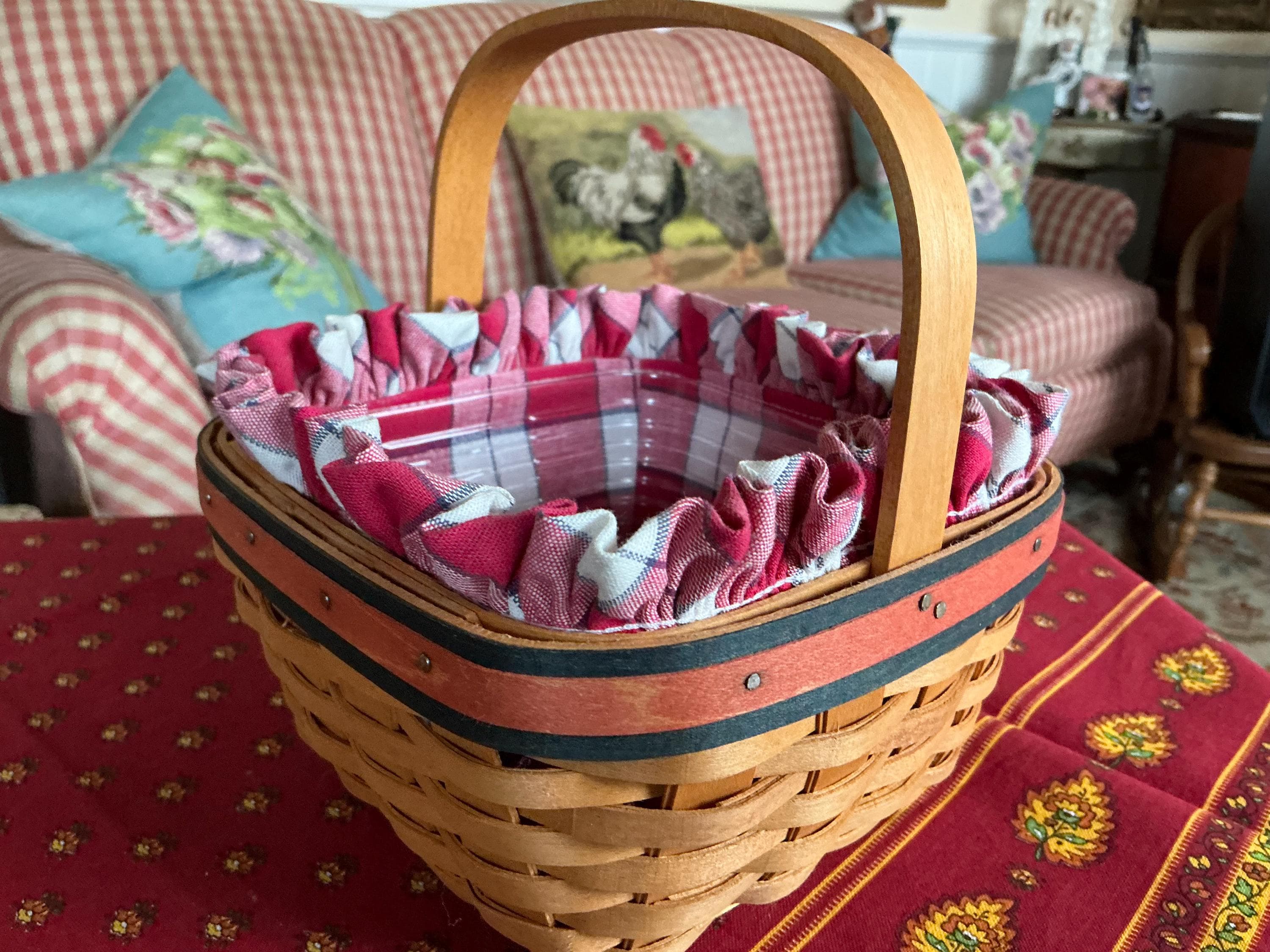 Country Longaberger Plaid Fabric and Plastic Liner Picnic Handle