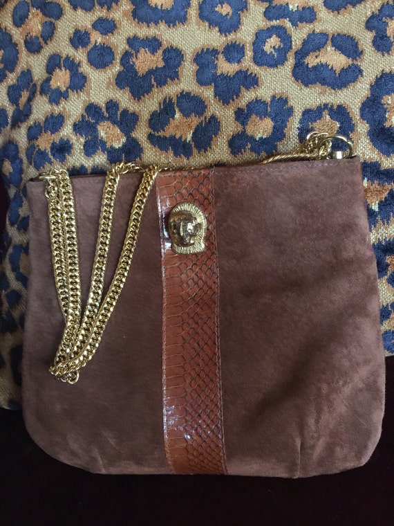 Brown Leather suede Snakeskin Cougar head purse sh