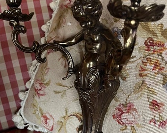 French Country Brass Cherub Putti Double Sconce Candle Holder