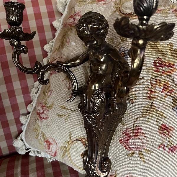 French Country Brass Cherub Putti Double Sconce Candle Holder