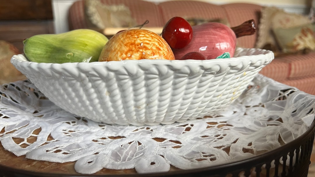 European Italian Capodimonte Oval Basket Weave Ceramic Faux Fruit