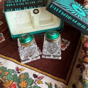 Op de afbeelding: Twee glazen zoutvaatjes met groene en zilveren deksels in een zwarte doos met een witte binnenkant. De doos heeft een kroonlogo en een turquoise ontwerp op de deksel. De zoutvaatjes staan op een bruin en wit bloemmotief.
