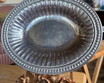 French Country Provence Round Beaded Wilton Oval Pewter Platter Tray