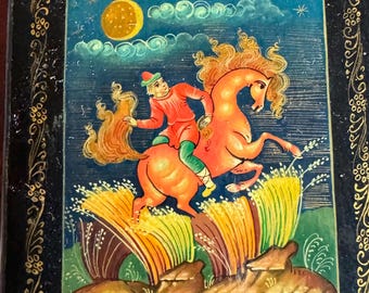 【激レア】ロシアの絵画装飾ボックス Whimsical Handpainted Russian Black Lacquer Box of Rare Man With