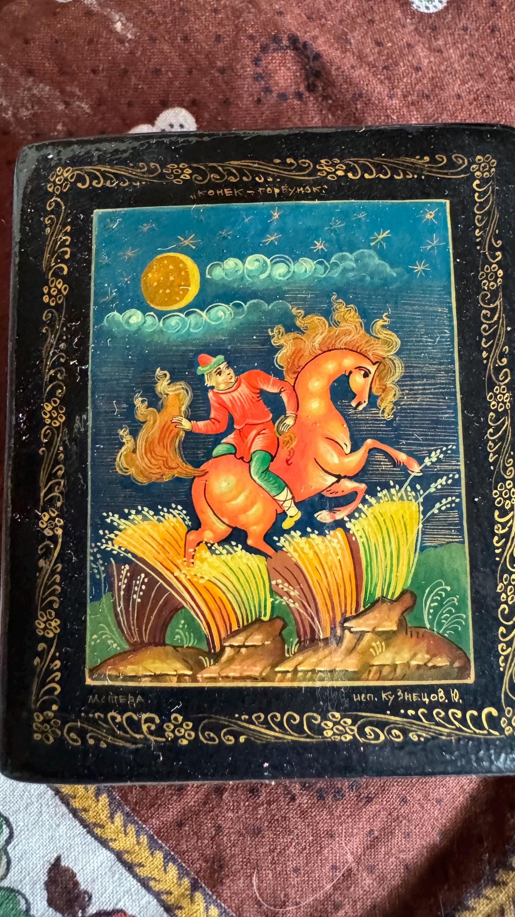 Whimsical Handpainted Russian Black Lacquer Box of Rare Man With