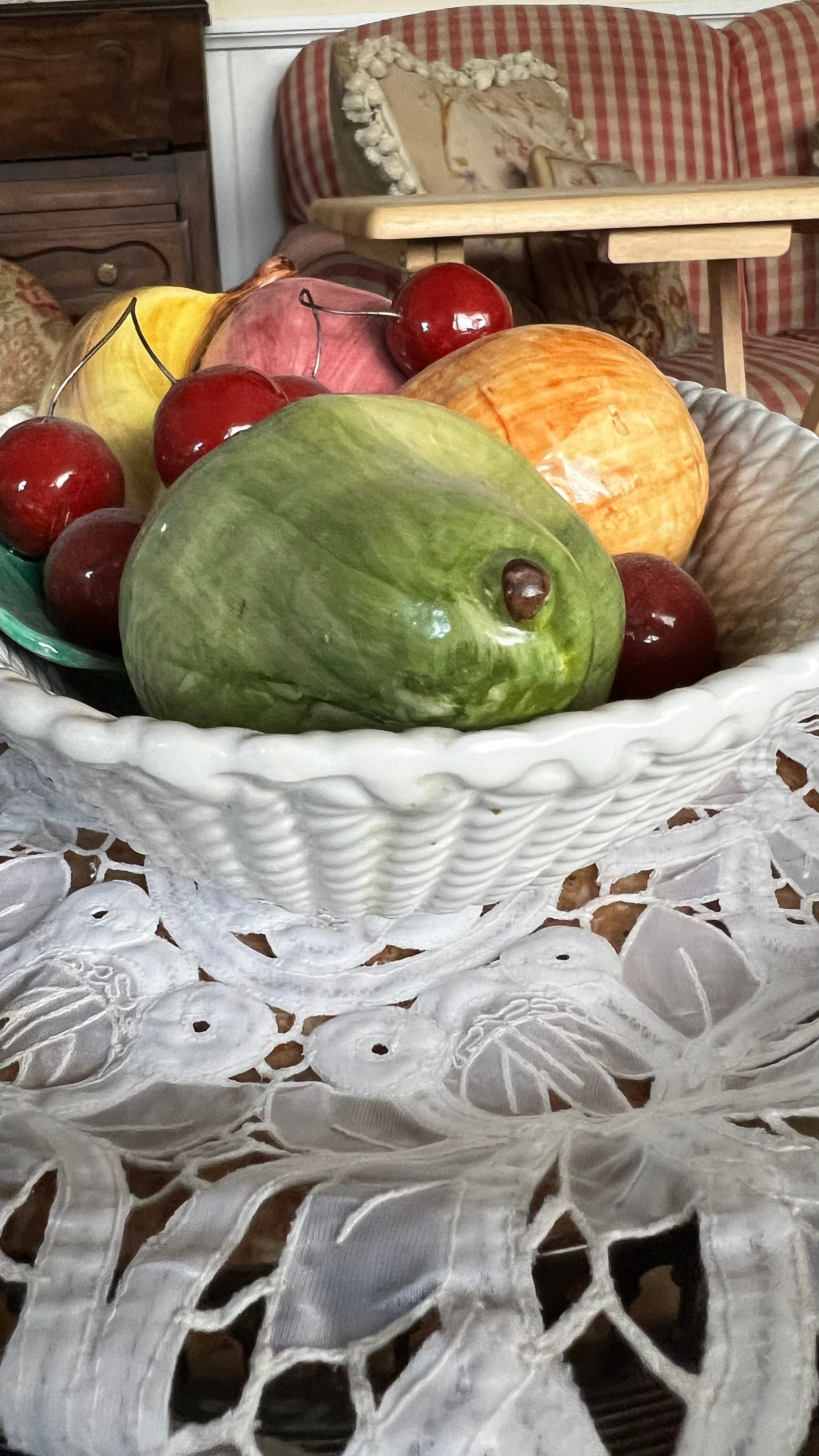 European Italian Capodimonte Oval Basket Weave Ceramic Faux Fruit
