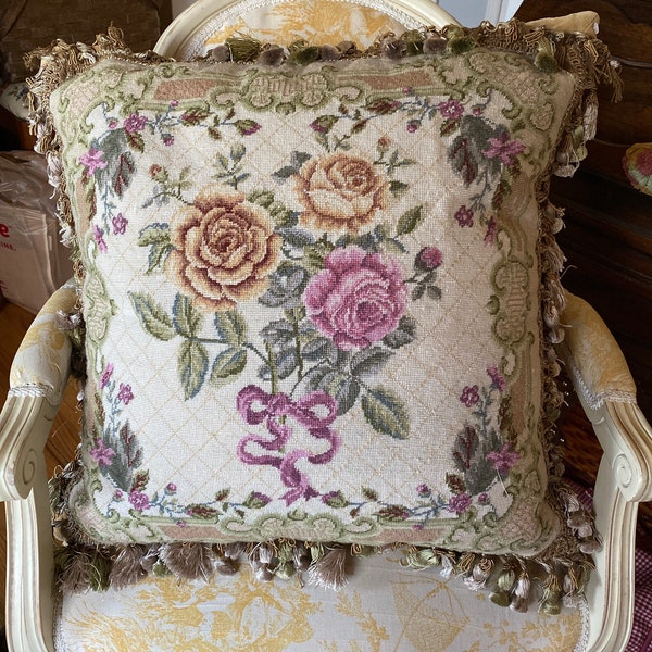 French Country Roses Floral Tassel Fringe Petit Point Needlepoint Pillow