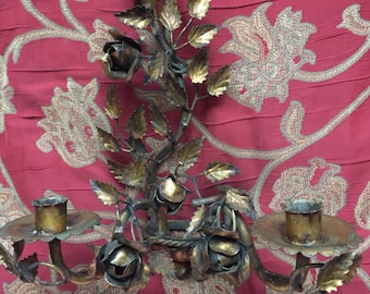 Country Italian Tole Florentine Roses Candle Holder Sconce Candelabra