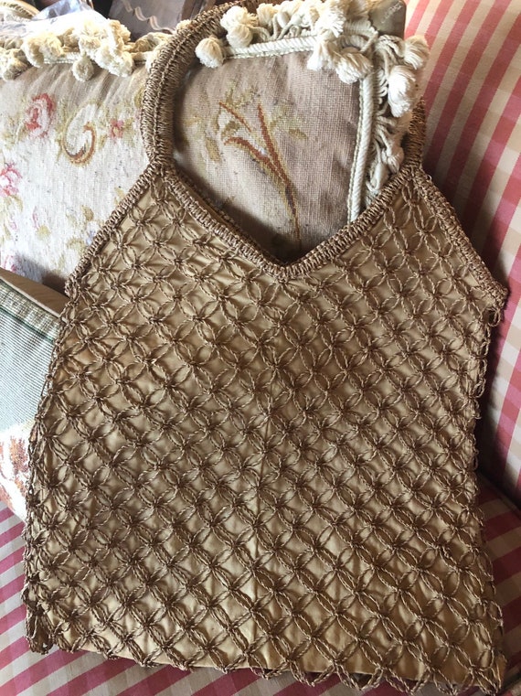 French Country Woven Trellis Mesh Handle Purse Bag - image 1