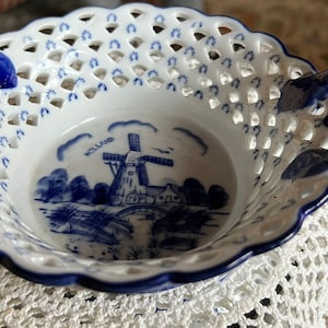 Delft Blue EH Reticulated Porcelain Two Handled Basket Bowl Hand Painted