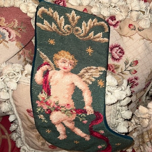 A Victorian Country Needlepoint Christmas Stocking Angel Cherub