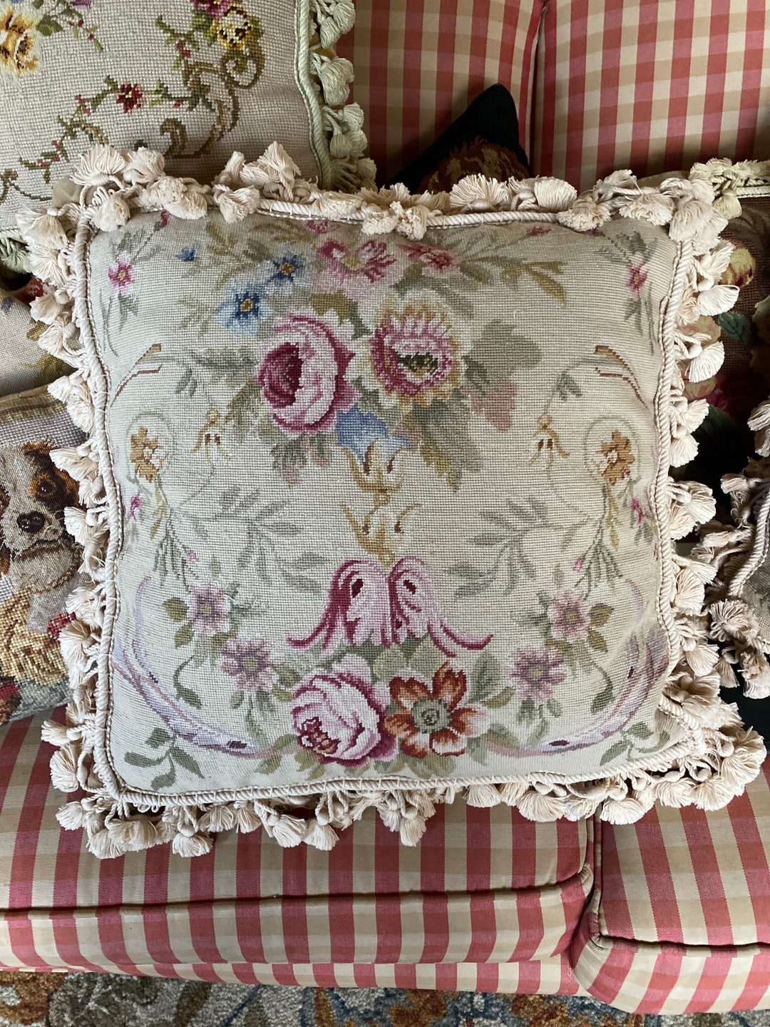 French Provence Petit Point Needlepoint Tassel Fringe Floral Etsy