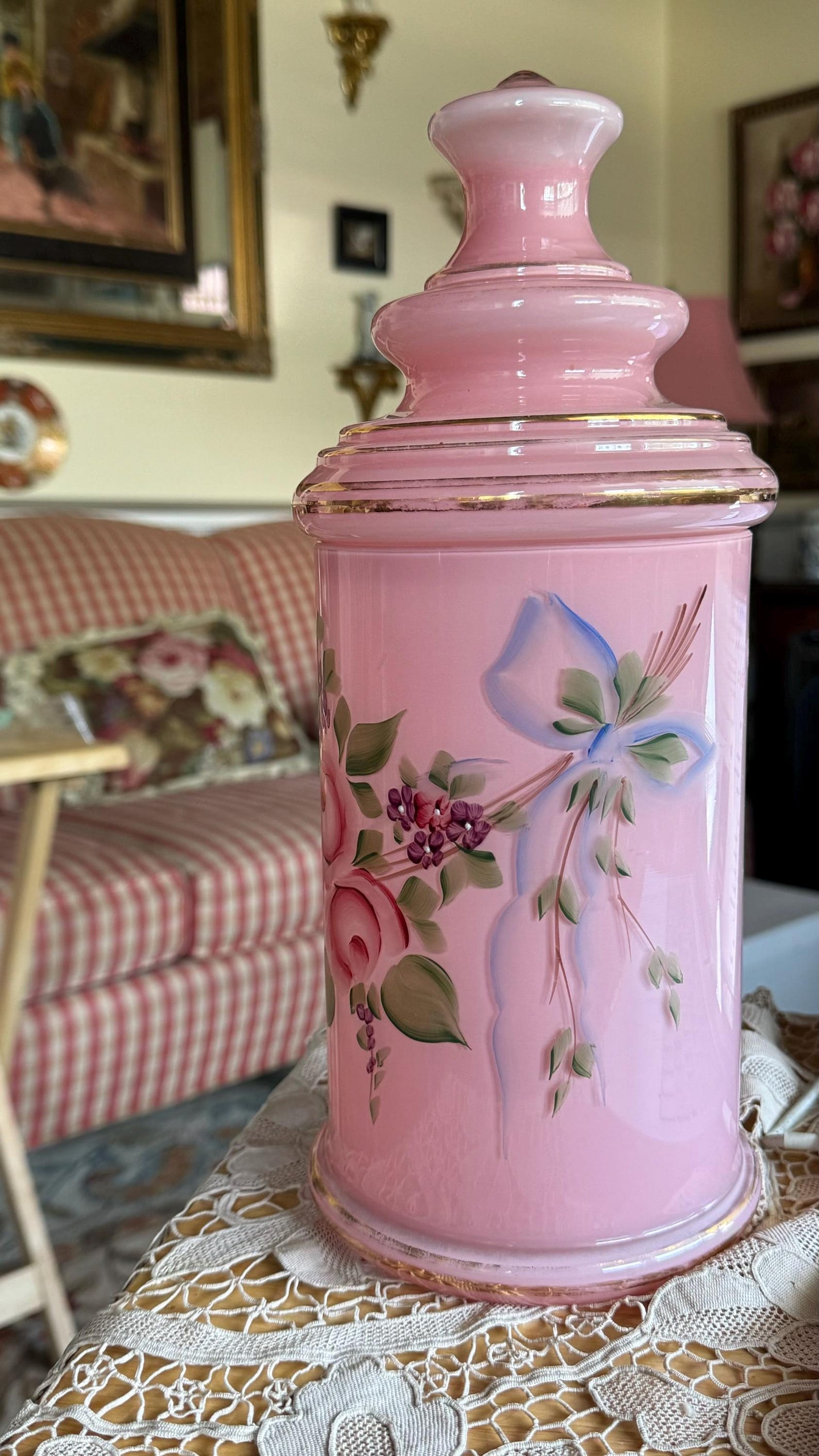 Antique Shabby Chic Hand Painted Roses Pink Glass Apothecary Jar Vase ...