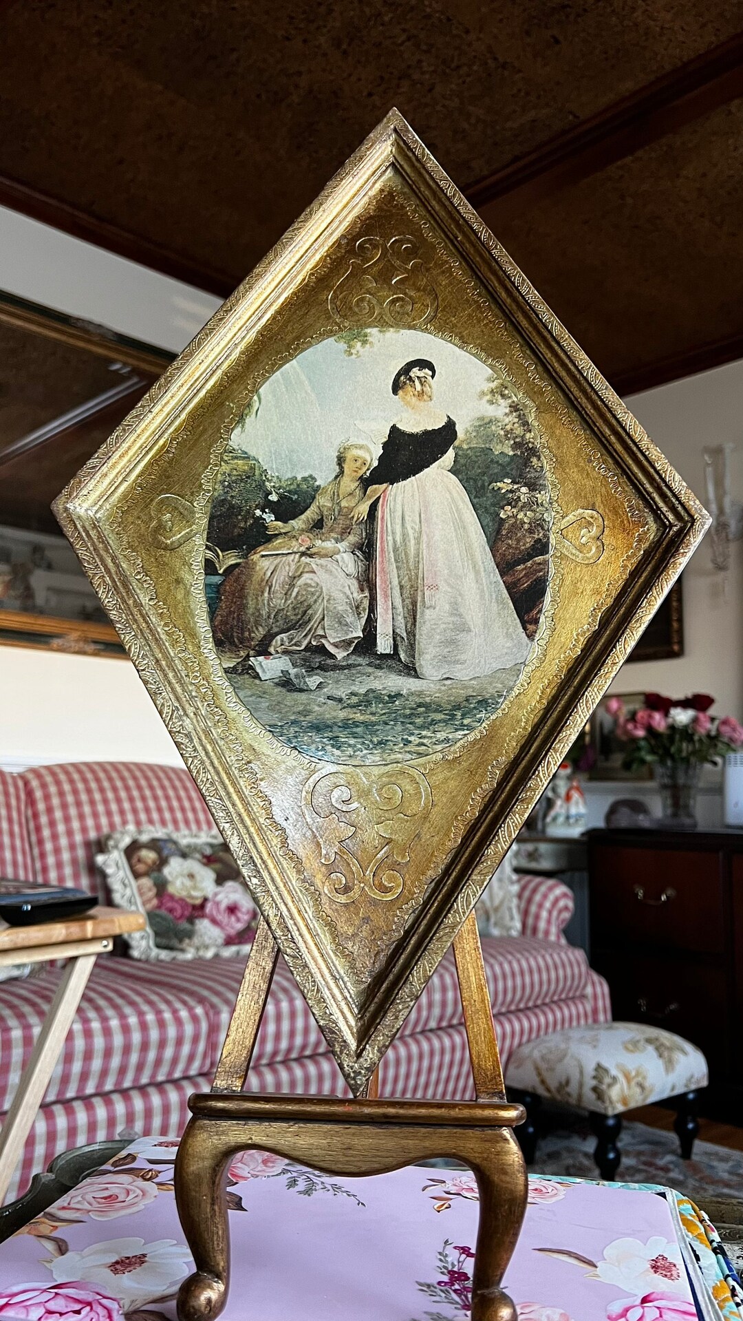 Italian Florentine Victorian Ladies Gathering Diamond Shape Wood