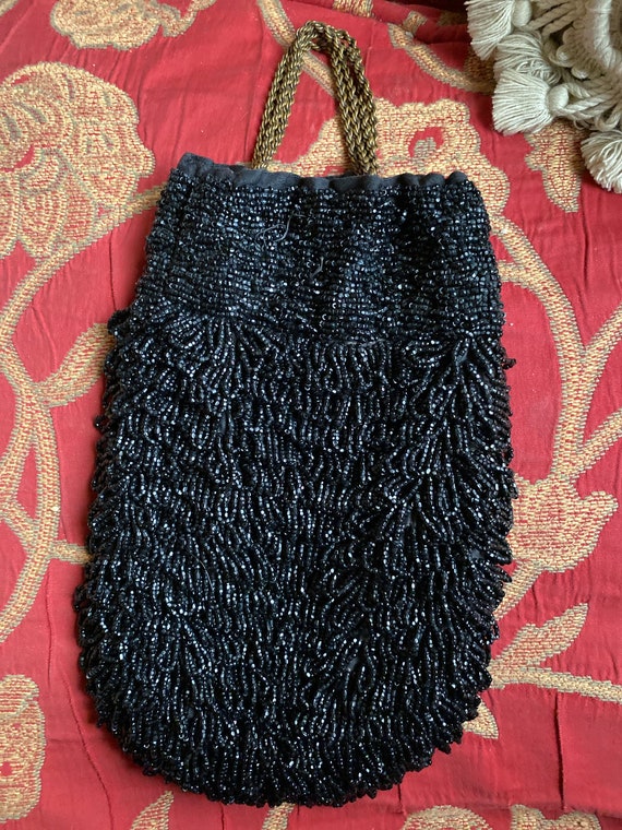 French Art Deco Black Beaded Handbag Purse