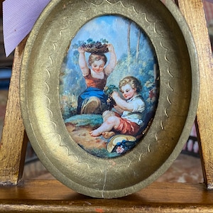 Italian Florentine Wood Gold Frame of a European Country Girl and Boy Art