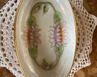 Dipinto a mano H C Royal Bavaria Lodus Fiore ovale Vanity Dish Tray