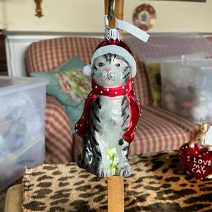 Grey Tabby Kitty Cat Glass Handpainted Christmas Ornament
