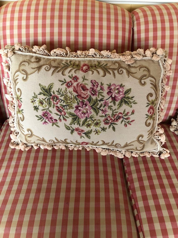 Vintage Needlepoint Pillow Velvet Shabby Chic Rose Rosebud Floral Victorian