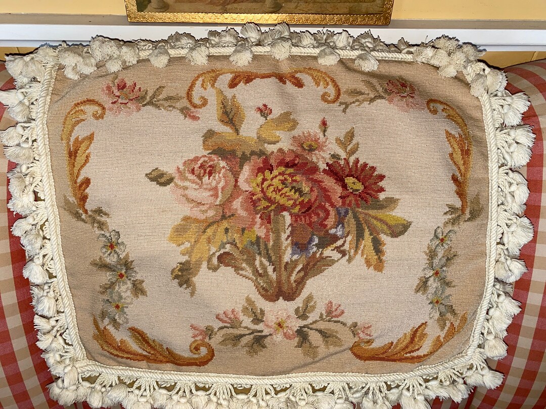 French Chic Aubusson Petit Point Needlepoint Tassel Fringe Floral Pillow Cover Etsy