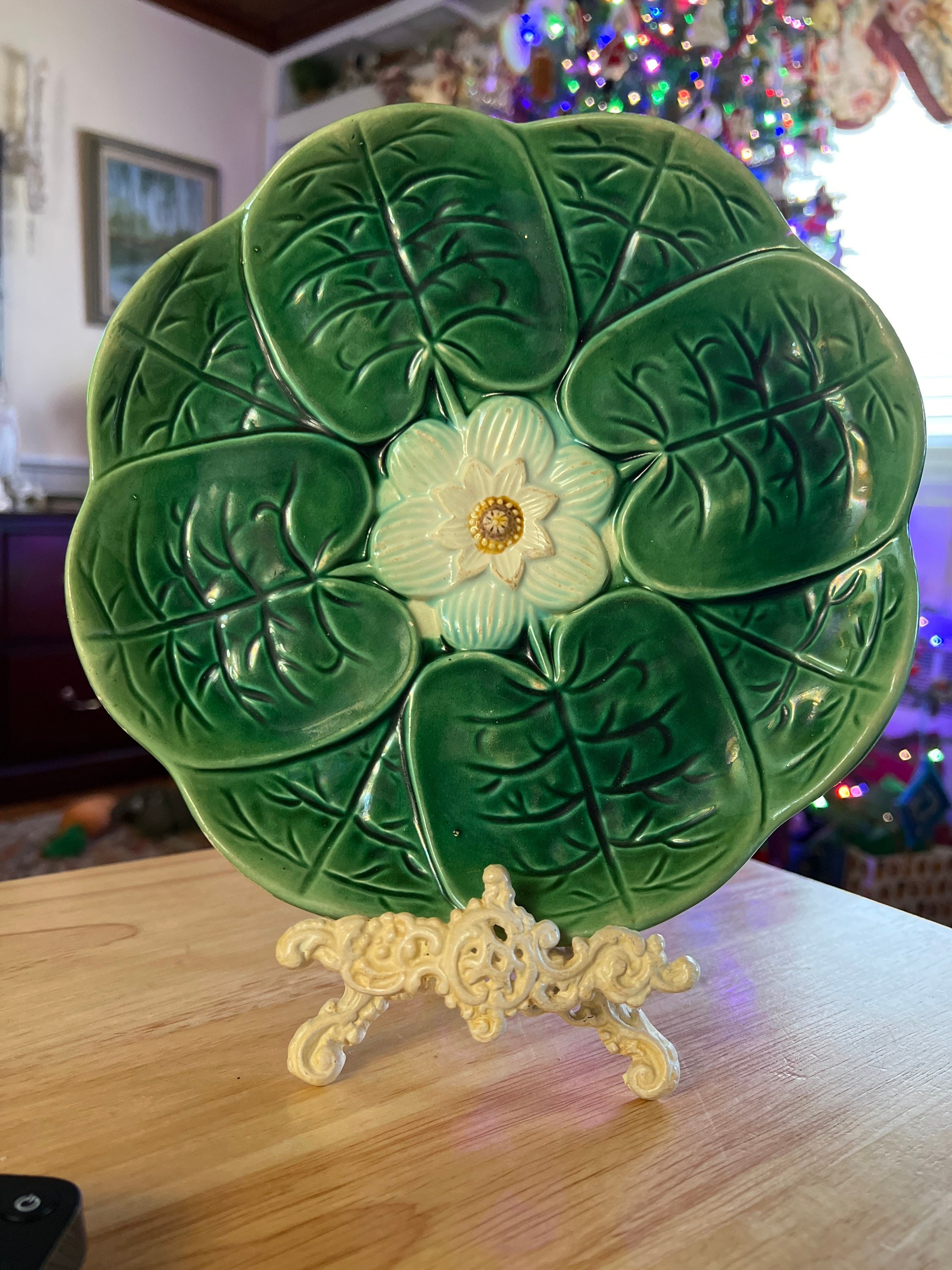 Victorian Whimsical Water Lily Pad Majolica Plate by Adam and