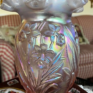 Fenton Daffodil Vase Pink Opalescent Cased Glass Double Crimped Ruffled Rim Embossed Floral Vintage Iridescent Rose