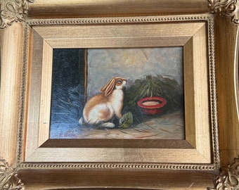 French Country Provence Ornate Framed Oil Painting Bunny Rabbit