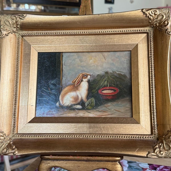 French Country Provence Ornate Framed Oil Painting Bunny Rabbit