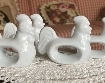 French Country Porcelain Rooster Hen Napkin Ring Holder Set of 4