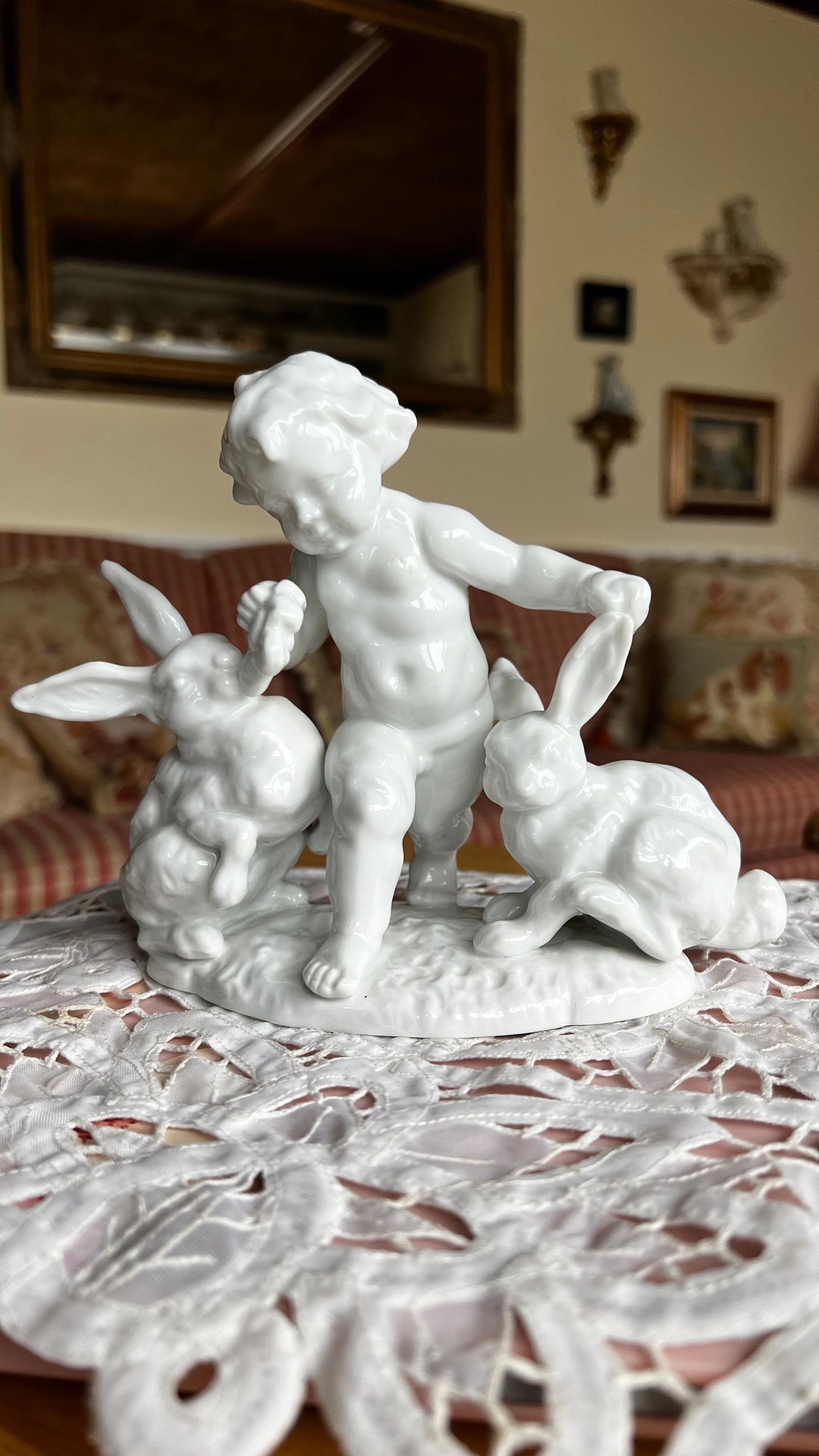 Porcelain Nude Cherub Playing With Rabbits Porcelain Figurine
