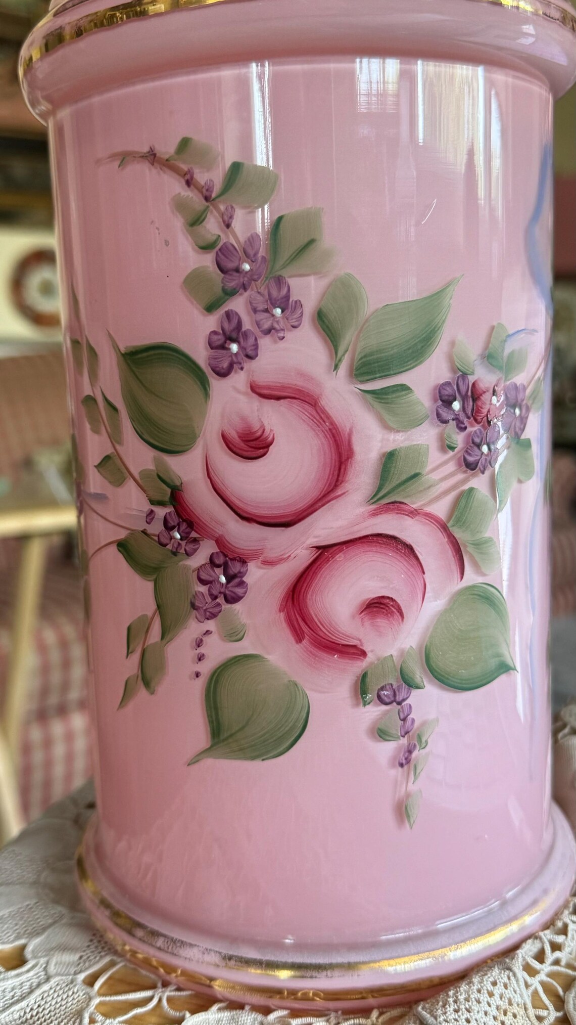 Antique Shabby Chic Hand Painted Roses Pink Glass Apothecary Jar Vase ...