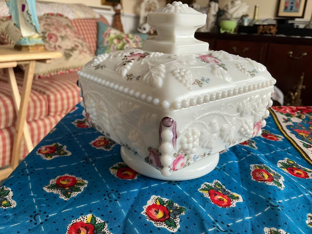 Shabby Chic Cottage Hand Painted Roses and Bows Milk Glass Trinket Box ...