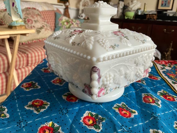 Shabby Chic Cottage Hand painted Roses and Bows Milk Glass Trinket Box by Westmoreland