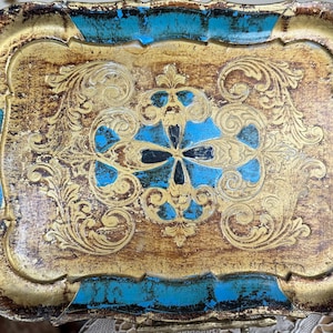 Gilted Gold and Blue Scallop Italian Florentine Tray platter