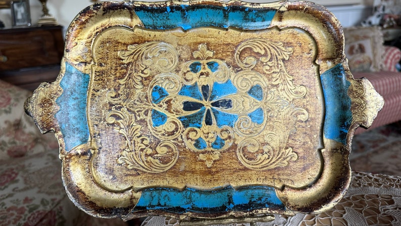 Gilted Gold and Blue Scallop Italian Florentine Tray Platter - Etsy