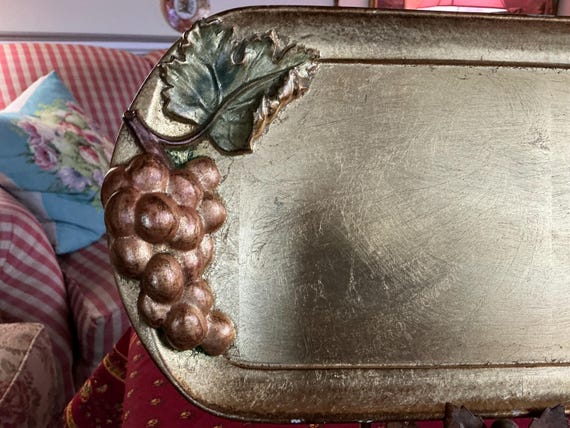 SEZZATINI イタリア製 ハンドペイント木製トレイ プレート アンティーク Italian Florentine Sezzatini Firenze Wood Gold Leaf Grape