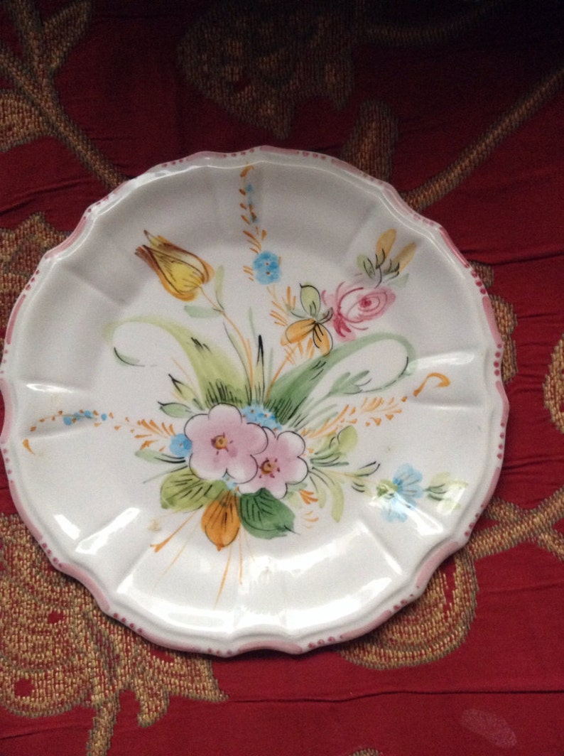 Farmhouse Chic French Country Antique Handpainted Floral Scalloped Plate image 1