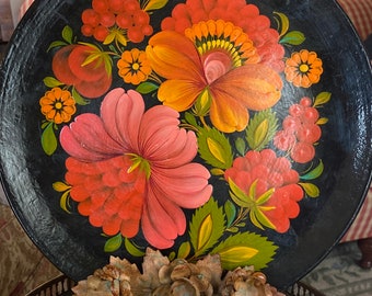 Handpainted Floral Bouquet Round Lacquer Khokhloma Wood Plate