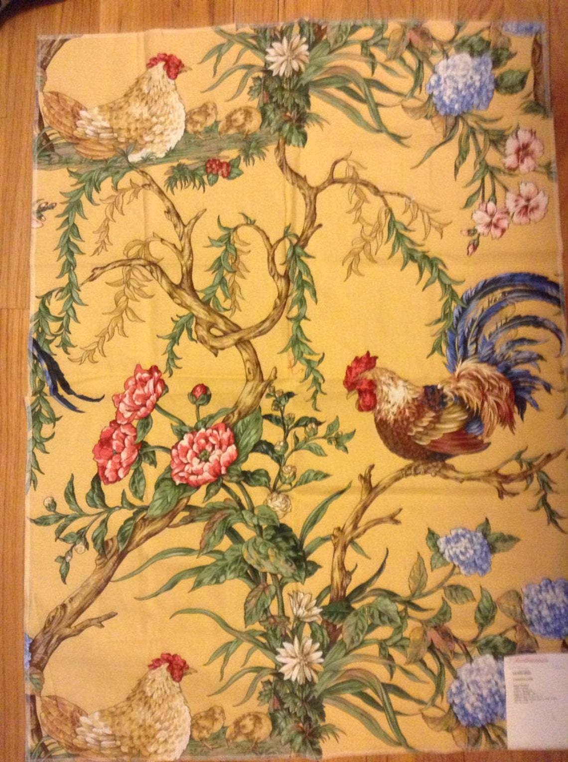 French Country Rooster Fabric Hand Printed pattern Chanticleer Etsy