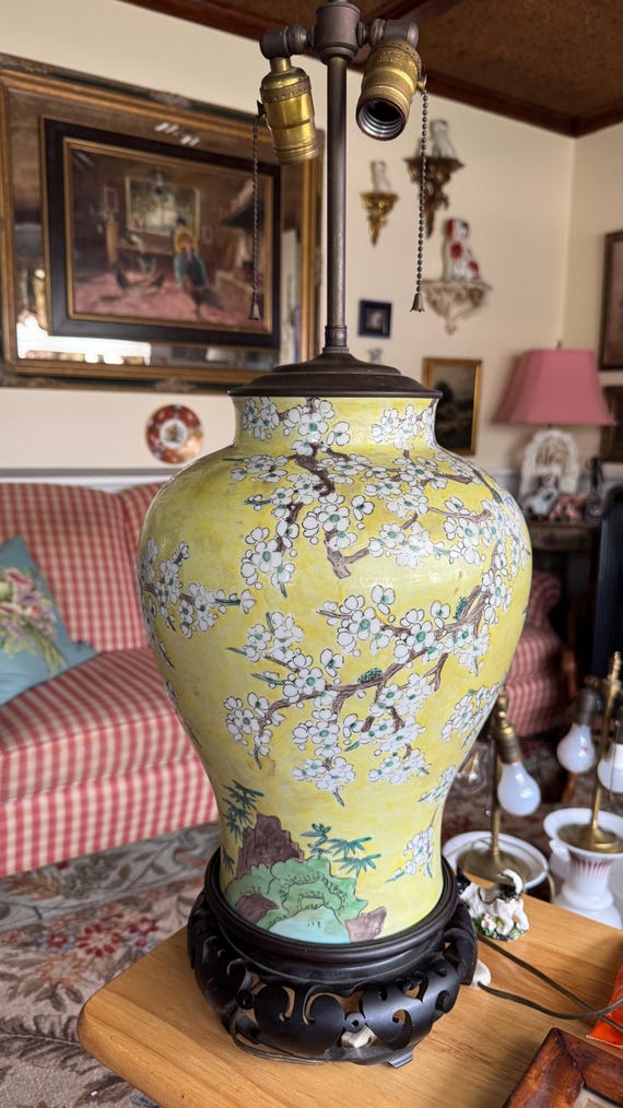 Classic Traditional Chinoiserie Asian Hand Painted Yellow Glaze