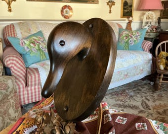 Country Farmhouse Vintage Wood Mallard Duck Head Towel Apron Holder Wall Hanging by Cornwall