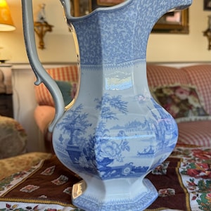 English Country Rare George Phillips Ironstone Blue and White Transferware Marino Pitcher Made in England