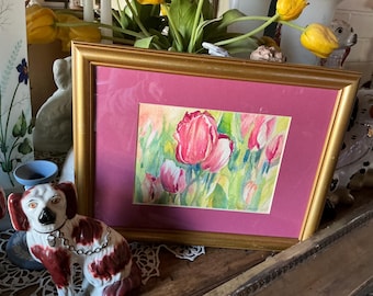 Buquê floral colorido de tulipas da Provença Francesa, estilo europeu, em aquarela.